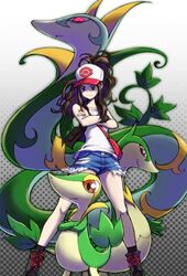  baseball_cap black_jacket black_socks blue_eyes blue_shorts brown_hair collarbone commentary_request crossed_arms denim denim_shorts female hat high_ponytail highres hilda_(pokemon) jacket long_hair open_clothes open_jacket photoshop_(medium) pokemon pokemon_(creature) pokemon_bw serperior servine shirt short_shorts shorts sleeveless sleeveless_shirt smile snivy socks standing torn_clothes torn_shorts white_shirt yanushi 