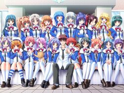  1boy 6+girls :o ajikara_youko animal_ears aqua_hair asai_riri beret black_hair blonde_hair blue_eyes blue_hair blush bow bowtie breasts brooch brown_eyes brown_hair bun_cover cat_ears closed_eyes demon_wings double_bun drill_hair ebihara_mai everyone faceless faceless_male feline game_cg glasses green_eyes grey_hair hair_bun hair_intakes hair_ornament hair_ribbon hairband hairclip harem hat himekawa_ikuyo homura_nanoha honoo_no_haramase_doukyuusei hug izunae_meiri jewelry kagami_kazuya_(honoo_no_haramase_doukyuusei) kitamoi_chihiro kneehighs kurusugawa_ranko kusunoki_kozue large_breasts loafers long_hair misha_ivashuyuku mitobe_natsuki miyamae_mia mizuno_maaya multiple_girls nanamiya_akane narashino_isami necktie neguchi_non one_eye_closed open_mouth orange_hair oshino_kasumi outdoors panties pants pantyshot pink_hair pink_panties pointing ponytail pregnant purple_eyes purple_hair red_eyes red_hair ribbon saionji_kaoru school shirt shoes short_hair side_ponytail sitting smile socks sorairo_tsukiiro star_(symbol) straight striped_clothes striped_socks thighhighs touyama_asuka tsukishiba_ai twintails underwear uniform white_hair white_shirt white_thighhighs window wings yellow_eyes 