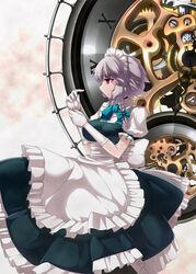  braid commentary_request female gears gloves grey_hair izayoi_sakuya maid maid_headdress red_eyes short_hair solo tama_(speedgrapher) touhou twin_braids 