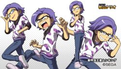  1boy adjusting_eyewear akiyama_kurio character_name clenched_teeth commentary_request glasses grey_background halftone halftone_background hand_in_pocket hand_on_own_chin light_purple_hair long_sleeves male_focus mushiking official_art opaque_glasses rectangular_eyewear reference_sheet shin_kouchuu_ouja_mushiking shirataki simple_background smile smirk stroking_own_chin surprised sweatdrop teeth watermark white_background 