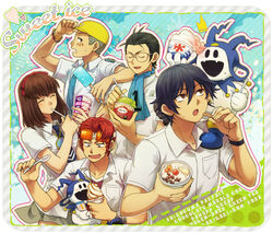  4boys bad_id bad_pixiv_id black_hair brown_hair female food glasses hat ice_cream inaba_masao jack_frost_(megami_tensei) kooribata multiple_boys nanjou_kei persona persona_1 popsicle school_uniform shaved_ice sonomura_maki spoon tenchi11 toudou_naoya uesugi_hidehiko 