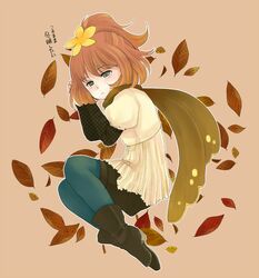  autumn blush boots brown_hair deerling flower frown gijinka green_eyes laying_down leaf leaves lying moemon personification pokemon pokemon_(game) pokemon_black_and_white pokemon_bw ponytail scarf shikijika shorts 