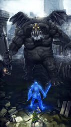  1boy armor axe battle commentary_request demon demon&#039;s_souls female highres horns monster photoshop_(medium) pontako shield slayer_of_demons sword vanguard_(demon&#039;s_souls) weapon wings 