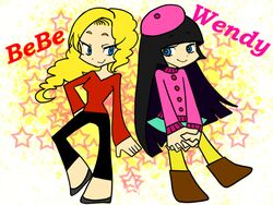  2girls bebe_stevens beret black_hair blonde_hair blue_eyes hand_on_hip hat hips long_hair multiple_girls panty_&amp;_stocking_with_garterbelt parody smile south_park style_parody sweater wendy_testaburger 