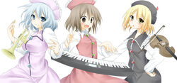  3girls blonde_hair blue_eyes blue_hair blush bow_(music) breasts brown_eyes brown_hair commentary_request floating floating_object hand_on_own_hip hat instrument keyboard_(instrument) large_breasts long_sleeves looking_at_viewer lunasa_prismriver lyrica_prismriver mashima_(sumachi) merlin_prismriver multiple_girls open_mouth outstretched_arms photoshop_(medium) shirt siblings sisters skirt skirt_set smile touhou trumpet vest violin yellow_eyes 