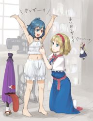  2girls alice_margatroid apron armpits arms_up barefoot blonde_hair bloomers blue_dress blue_eyes blue_hair bra bust_measuring capelet closed_umbrella commentary_request crop_top doll dress flat_chest full_body hairband heterochromia highres karakasa_obake kitano_(kitanosnowwhite) kneeling long_sleeves measuring midriff multiple_girls navel necktie open_mouth red_eyes ribbon round_teeth sash sewing_machine shanghai_doll short_hair short_sleeves sleeveless smile socks tailor tape_measure tatara_kogasa teeth touhou training_bra translated umbrella underwear underwear_only watermark white_bloomers white_legwear 