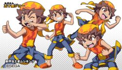  1boy bandana bright_pupils brown_eyes brown_hair character_name clenched_hands clenched_teeth clothes_around_waist commentary_request crocs grey_background grin halftone halftone_background igarashi_jou jacket jacket_around_waist male_focus mushiking official_art orange_shirt pointing pointing_at_self reference_sheet rubbing_nose shin_kouchuu_ouja_mushiking shirataki shirt short_hair simple_background smile squatting t-shirt tan teeth thumbs_up tied_sleeves watermark white_background 