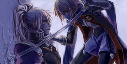  2boys bad_id bad_pixiv_id blazblue blonde_hair blue_hair dual_persona green_eyes hakumen jin_kisaragi male_focus multiple_boys ponytail soojie_roh spoilers sword time_paradox weapon yukianesa 