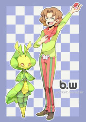  arty_(pokemon) brown_hair gym_leader hahakomori hahakurimu leavanny pants pokemon pokemon_(game) pokemon_black_and_white pokemon_bw rikuo_(artist) scarf striped striped_pants 