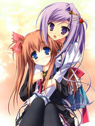  2girls :d arm_grab black_legwear blue_eyes blush bow cross crossover hair_intakes hair_ornament hair_ribbon hairclip hello_good-bye highres hug hug_from_behind long_hair moekibara_fumitake multiple_girls official_art open_mouth orange_hair pantyhose pleated_skirt prism_rhythm purple_eyes purple_hair ribbon scan school_uniform sesena_yau sitting skirt smile thighhighs tokitou_kasumi twintails very_long_hair yukishiro_may zettai_ryouiki 