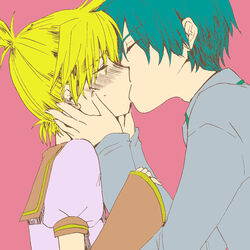  2boys arm_grab blush closed_eyes detached_sleeves hand_on_another&#039;s_face hand_on_face hatsune_mikuo kagamine_len kissing lolicon love male male_focus mikuo milenkuo multiple_boys vocaloid yaoi 