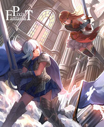  2girls armor armored_boots asymmetrical_clothes bare_shoulders battle black_legwear blue_eyes boots cape commentary_request copyright_name detached_sleeves duel dust_cloud eye_contact fighting_stance flag from_below gauntlets highres holding holding_sword holding_weapon hunxiao_xingshuang indoors jumping long_hair looking_at_another looking_back miniskirt multiple_girls open_mouth pauldrons pillar pixiv_fantasia pixiv_fantasia_t plate_armor pleated_skirt ponytail red_eyes red_hair serious shoulder_armor skirt stained_glass sword thighhighs two-handed weapon white_hair zettai_ryouiki 