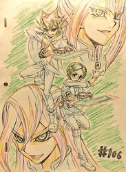  1boy 3girls bad_source card duel_disk gloria_tyler grace_tyler hiroki_(vvkagerouvvr2) kouzuki_allen multiple_girls sasayama_sayaka traditional_media yu-gi-oh! yu-gi-oh!_arc-v 