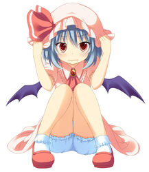  ascot bat_wings bloomers blue_hair blush brooch charisma_guard commentary_request cowering female frilled_shirt_collar frilled_skirt frilled_sleeves frills hands_on_headwear hat hat_ribbon hat_tug jewelry knees_together_feet_apart lolicon looking_at_viewer mashima_(sumachi) mob_cap photoshop_(medium) pink_skirt red_eyes red_ribbon remilia_scarlet ribbon shoes short_hair short_sleeves sitting skirt solo touhou underwear wavy_mouth wings 