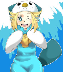  :&lt; bad_id bad_pixiv_id bianca_(pokemon) blonde_hair blue_eyes cosplay female matsumoto_waka one_eye_closed oshawott oshawott_(cosplay) personification photoshop_(medium) pokemon smile solo 