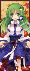  bad_id bad_pixiv_id blush detached_sleeves female frog green_eyes green_hair hair_ornament hanepochi highres kochiya_sanae leaf long_hair snake solo touhou 