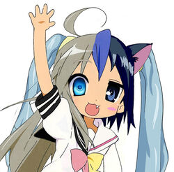  ahoge animal_ears black_hair blue_hair blush clannad crossover fusion hatsune_miku ikeda_kana izumi_konata jpeg_artifacts kud_wafter little_busters! lucky_star moetron multicolored_hair noumi_kudryavka oerba_yun_fang sakagami_tomoyo saki school_uniform short_twintails silver_hair twintails twintails vocaloid what 