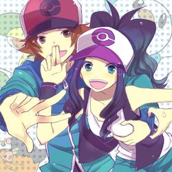  baseball_cap black_(pokemon) blue_eyes blush breast_grab breasts brown_eyes brown_hair grabbing groping hat long_hair mijumaru open_mouth oshawott peace pokabu pokemon pokemon_(game) pokemon_black_and_white pokemon_bw ponytail short_hair touko_(pokemon) touko_(pokemon) touya_(pokemon) tsutaaja v vest 