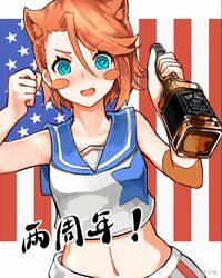  15k :d @_@ alcohol american_flag animal_ears blue_eyes blush_stickers bottle brand_name_imitation cat_ears chinese_text clenched_hand collarbone crop_top drunk eyebrows eyes_visible_through_hair female flag_background hair_between_eyes holding holding_bottle jack_daniel&#039;s laffey_(warship_girls_r) midriff navel oerba_yun_fang open_mouth red_hair sailor shirt short_hair sleeveless smile solo star_(symbol) star_print swept_bangs translated upper_body v-shaped_eyebrows warship_girls_r weibo_watermark whiskey white_shirt 