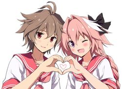  2boys astolfo_(fate) astolfo_(fate)_(cosplay) astolfo_(sailor_paladin)_(fate) astolfo_(sailor_paladin)_(fate)_(cosplay) black_bow bow braid brown_hair commentary_request cosplay crossdressing fate/apocrypha fate_(series) hair_intakes hair_ribbon heart male_focus multicolored_hair multiple_boys odawara_hakone official_alternate_costume one_eye_closed otoko_no_ko pink_hair purple_eyes red_sailor_collar ribbon sailor_collar sieg_(fate) single_braid streaked_hair 