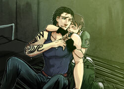  1boy bad_id bad_pixiv_id bed billy_coen black_hair brown_hair capcom couple earrings female fingerless_gloves gloves hug hug_from_behind itanji jewelry rebecca_chambers resident_evil resident_evil_0 short_hair sitting straight tattoo tears 