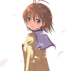  absurdres antenna_hair bad_id bad_pixiv_id brown_eyes brown_hair clannad commentary_request female furukawa_nagisa highres hikarizaka_private_high_school_uniform looking_back naga_(naga54321) school_uniform short_hair solo 