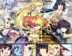  3boys 3girls amelia_wil_tesla_seyruun bracelet cape circlet close-up commentary filia_ul_copt gloves gourry_gabriev heterochromia jewelry lina_inverse lyxu multiple_boys multiple_girls photoshop_(medium) red_eyes slayers slayers_try staff xelloss yellow_eyes zelgadiss_graywords 