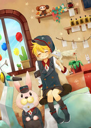  ballon balloon bedroom bird blonde_hair closed_eyes costume kagamine_len letter plant smile stuffed_animal stuffed_toy thighhighs vocaloid window 