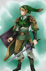  1boy alternate_costume armor blonde_hair blue_eyes commentary_request hat highres holding holding_sword holding_weapon left-handed link male_focus master_sword pointy_ears shield solo sword the_legend_of_zelda weapon yukichi_(bancho99) 