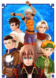  2girls 4boys :d armlet armor blonde_hair blue_eyes boots bracelet breastplate brown_eyes brown_hair capelet commentary_request dark_skin elf facial_mark forehead_mark gensou_suikoden gensou_suikoden_iv green_eyes headband jewel_(suikoden) jewelry keneth_(suikoden) lazlo_(suikoden) minimoti multiple_boys multiple_girls open_mouth paula_(suikoden) pauldrons pointy_ears short_hair shoulder_armor smile snowe_vingerhut tal_(suikoden) water white_hair 