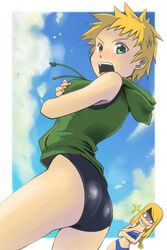  agrias_oaks ass blonde_hair blush braid female final_fantasy final_fantasy_tactics green_eyes hood hoodie long_hair looking_back meliadoul_tengille multiple_girls one-piece_swimsuit one_piece_swimsuit open_mouth short_hair single_braid sky swimsuit yunsuku 