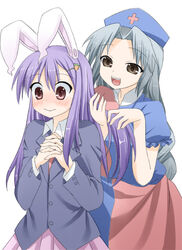  2girls animal_ears blue_dress blush braid carrot carrot_hair_ornament commentary_request dress food-themed_hair_ornament grey_eyes grey_hair hair_ornament hairclip hand_in_own_hair hat jacket long_hair long_sleeves mashima_(sumachi) multicolored_clothes multicolored_dress multiple_girls nurse_cap open_mouth own_hands_clasped own_hands_together photoshop_(medium) pink_eyes puffy_sleeves purple_hair rabbit_ears red_dress reisen_udongein_inaba ruffling_hair shirt short_sleeves skirt smile touhou very_long_hair yagokoro_eirin yuri 