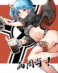  15k alcohol beer beer_mug bikini black_jacket blue_eyes blue_hair blush_stickers buttons cannon chinese_text cowboy_shot cross cup emblem eyebrows female flag_background grin holding holding_cup iron_cross jacket jumping looking_at_viewer mug navel nazi_war_ensign one_eye_closed rebellion_army_flag side_ponytail smile solo swimsuit thigh_strap translated u47_(mod)_(warship_girls_r) u47_(warship_girls_r) warship_girls_r weibo_watermark 