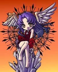  angel_wings barefoot brown_eyes crystal feet female full_body gradient gradient_background jacket jewelry katsuragi_misato long_hair masaki3 necklace neon_genesis_evangelion purple_hair sitting solo wings 