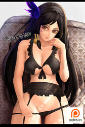  alternate_hair_length alternate_hairstyle bad_id bad_pixiv_id black_hair black_panties breasts brown_eyes cleavage collarbone cowboy_shot dark-skinned_female dark_skin eye_of_horus facial_mark facial_tattoo female frills garter_belt groin hair_tubes hairband highres large_breasts lingerie long_hair looking_at_viewer midriff on_bed overwatch overwatch_1 panties panty_pull parted_lips patreon_logo pharah_(overwatch) solo sunlight tattoo twitter_username underwear underwear_only yoyongsan 