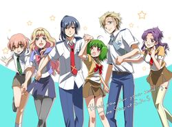  3boys 3girls blonde_hair blue_eyes blue_hair blush breasts brown_eyes commentary_request drill_hair glasses green_hair happy height_difference hidou_ryouji holding_hands large_breasts long_hair luca_angeloni macross macross_frontier matsuura_nanase mihoshi_academy_school_uniform mikhail_buran multiple_boys multiple_girls necktie open_mouth pantyhose pink_hair pointy_ears ponytail purple_eyes purple_hair ranka_lee red_eyes saotome_alto school_uniform sheryl_nome short_hair smile star_(symbol) thighhighs zettai_ryouiki 