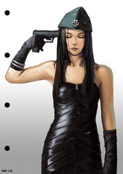  arm_at_side bad_id bad_pixiv_id bare_shoulders black_gloves black_hair black_hat character_request closed_eyes closed_mouth copyright_request cowboy_shot cross dated dress elbow_gloves facial_mark female finger_on_trigger garrison_cap gloves grey_background grey_lips gun gun_to_head handgun hat hat_ornament holding holding_gun holding_weapon iron_cross lieqi_hun long_hair photoshop_(medium) realistic solo straight_hair strapless strapless_dress suicide walther walther_p99 weapon white_background zipper zipper_pull_tab 