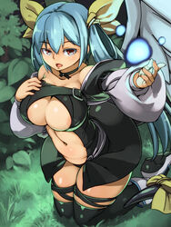  asymmetrical_wings bare_shoulders belly blue_hair blush boots breasts commentary_request dizzy_(guilty_gear) female guilty_gear hair_ribbon kawacchi_hirohiro kneeling knees_together_feet_apart large_breasts long_hair magic navel open_mouth outstretched_arm red_eyes ribbon solo tail tail_ornament tail_ribbon thighhighs wings 