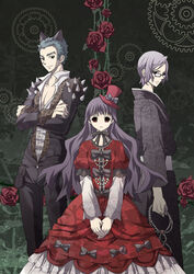  2boys animal_ears black_eyes blue_hair commentary_request empty_eyes flower glasses gothic_lolita hat hollow_eyes kirishiki_sunako lolita_fashion long_hair multiple_boys muroi_seishin open_clothes open_shirt painttool_sai_(medium) purple_hair red_flower red_rose ribbon rose shiki_(novel) shirt short_hair spikes tatsumi tatsumi_(shiki) 