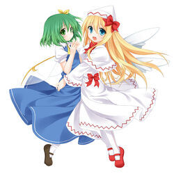  2girls alternate_hair_length alternate_hairstyle ascot blonde_hair blue_dress blue_eyes bow capelet commentary_request daiyousei dress fairy fairy_wings green_eyes green_hair hair_ribbon hat hat_ribbon hug lily_white long_hair long_sleeves looking_at_viewer mary_janes mashima_(sumachi) multiple_girls open_mouth pantyhose photoshop_(medium) puffy_sleeves ribbon shirt shoes short_hair short_sleeves side_ponytail smile touhou very_long_hair white_dress white_legwear wide_sleeves wings 