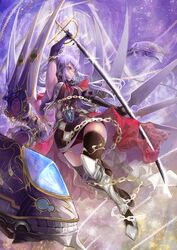  armor armored_boots asymmetrical_gloves bad_id bad_pixiv_id battle black_thighhighs boots chains creature fantasy female gloves holding holding_weapon kizuka_kanata long_hair original outdoors purple_gloves purple_hair red_eyes sleeveless solo sword thighhighs uneven_gloves weapon 