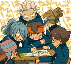  6+boys 7boys desk endou_mamoru fudou_akio gouenji_shuuya handa_shin&#039;ichi handa_shinichi ichinose_kazuya inazuma_eleven inazuma_eleven_(series) kazemaru_ichirouta kidou_yuuto laughing male male_focus matsuno_kuusuke multiple_boys pencil temk 