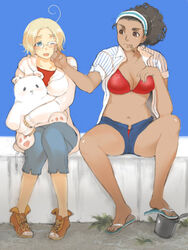  2girls ahoge artist_request axis_powers_hetalia black_hair blonde_hair blue_eyes brown_eyes canada_(hetalia) cuba_(hetalia) curly_hair curvy dark_skin glasses kumarii_(hetalia) multiple_girls ponytail rule_63 sandals skin_contrast 