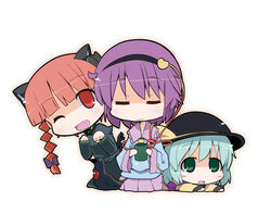  3girls animal_ears bird braid cat_ears chibi commentary_request crow hat kaenbyou_rin komeiji_koishi komeiji_satori ladfa multiple_girls oerba_yun_fang photoshop_(medium) reiuji_utsuho reiuji_utsuho_(bird) tail third_eye touhou 