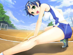  ashikaga_haneru blue_hair breasts female game_cg ginta green_eyes legs outdoors shorts sky sleeveless solo stretch sugar_+_spice track 