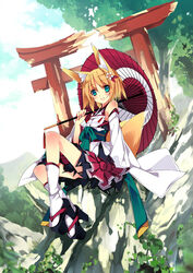  animal_ears aqua_eyes blonde_hair commentary_request detached_sleeves female fox_ears fox_tail geta japanese_clothes md5_mismatch miko oil-paper_umbrella original photoshop_(medium) platform_footwear rock shirokitsune shiroro sitting sitting_on_rock skirt solo tabi tail torii umbrella 