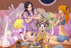  3girls :3 akuma_no_mi animal_ears ass ass_cutout bare_arms bare_shoulders barefoot bikini black_hair blonde_hair blush breasts butt_crack carrot_(one_piece) cleavage clothing_cutout covered_erect_nipples crossdressing dress_up feet furry hana_hana_no_mi hip_focus horns huge_ass kakutou_oukoku large_breasts long_hair makeover makeup multiple_girls nami nami_(one_piece) nico_robin one_piece orange_eyes orange_hair rabbit_ears rabbit_tail reindeer see-through shiny_skin swimsuit tail tattoo teeth thick_thighs thighs tony_tony_chopper 