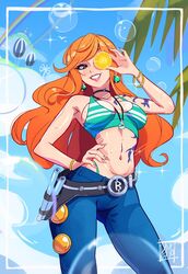  1girls bare_arms bare_shoulders big_breasts blush bra clothed clothing color eye_covered female female_focus female_only hi_res jeans large_breasts light-skinned_female light_skin long_hair looking_at_viewer nami nami_(one_piece) one_piece orange_eyes orange_hair pimozzarella post-timeskip shounen_jump solo solo_female tagme tattoo thick_thighs 