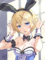  ahoge animal_ears apex_legends arm_garter bare_shoulders black_bow black_bowtie black_hairband blonde_hair blue_eyes blue_pupils bow bowtie breasts cleavage collarbone detached_collar eyelashes fake_animal_ears female fingernails frills hairband hands_up highres lichtenberg_figure medium_breasts open_mouth playboy_bunny rabbit_ears scar scar_on_breasts scar_on_face short_hair solo striped teeth twitter_username upper_body vertical_stripes wattson_(apex_legends) window wrist_cuffs yokoi_aya 