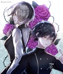  1boy ahoge back-to-back black_hair black_jacket blazer danganronpa_(series) danganronpa_v3:_killing_harmony female flower green_eyes grey_hair hair_between_eyes hair_over_one_eye index_finger_raised jacket long_sleeves looking_back open_mouth plant purple_flower purple_rose rose saihara_shuichi shirt short_hair striped tojo_kirumi twitter_username vertical_stripes vines white_shirt yellow_eyes z-epto_(chat-noir86) 